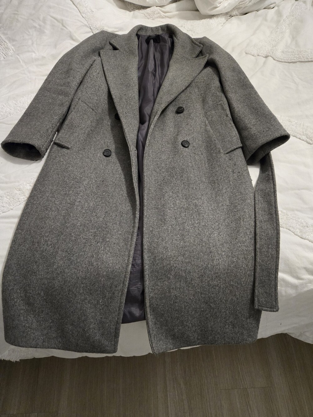 Gray  Double-Breasted Wool Blend Overcoat